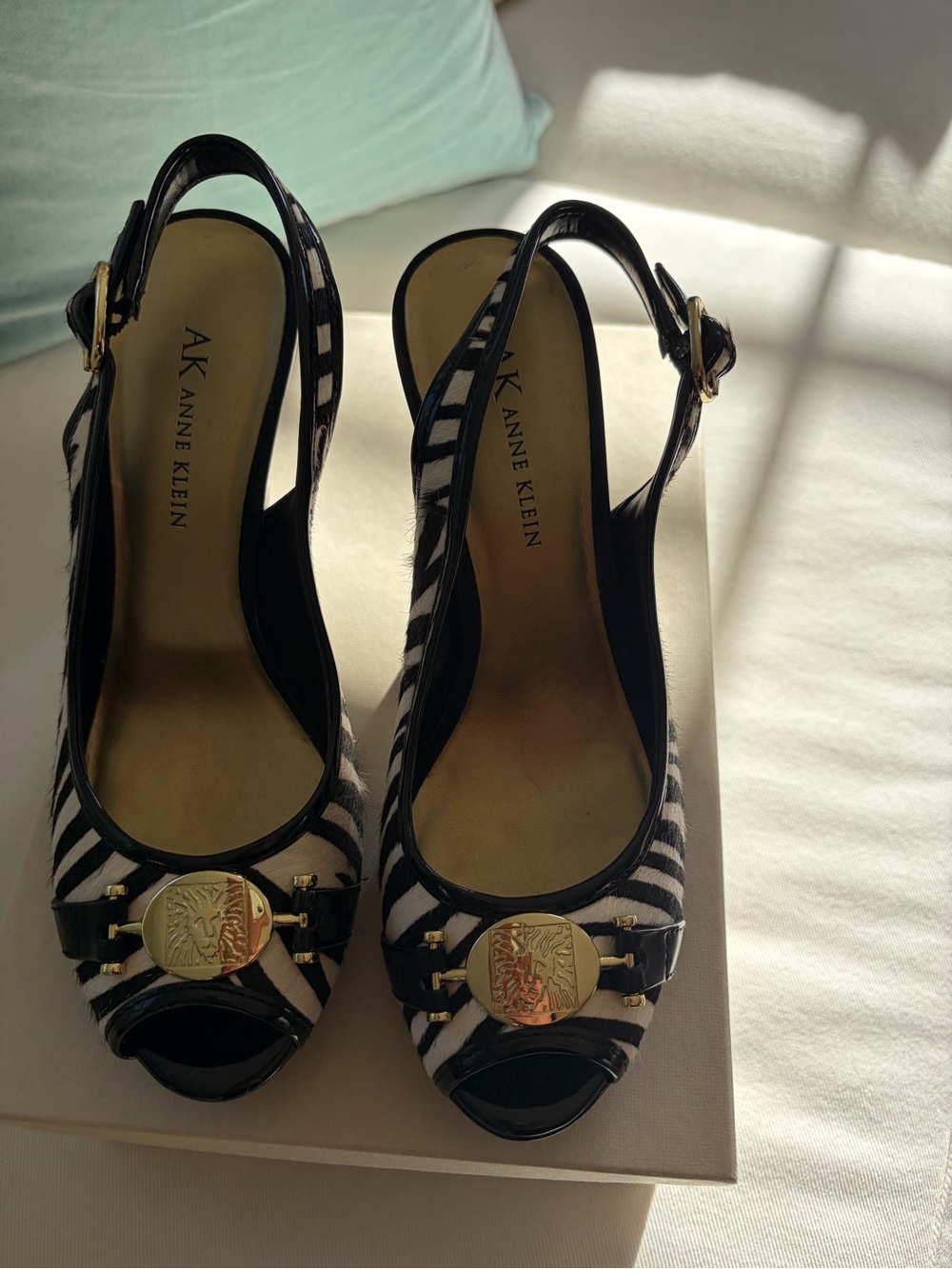 Anne Klein Black and White Zebra Print Slingback Wedges with Gold Accent - Picture 3 of 6